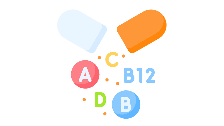 Illustration: Kapsel mit Vitaminen A, B, C, D und B12